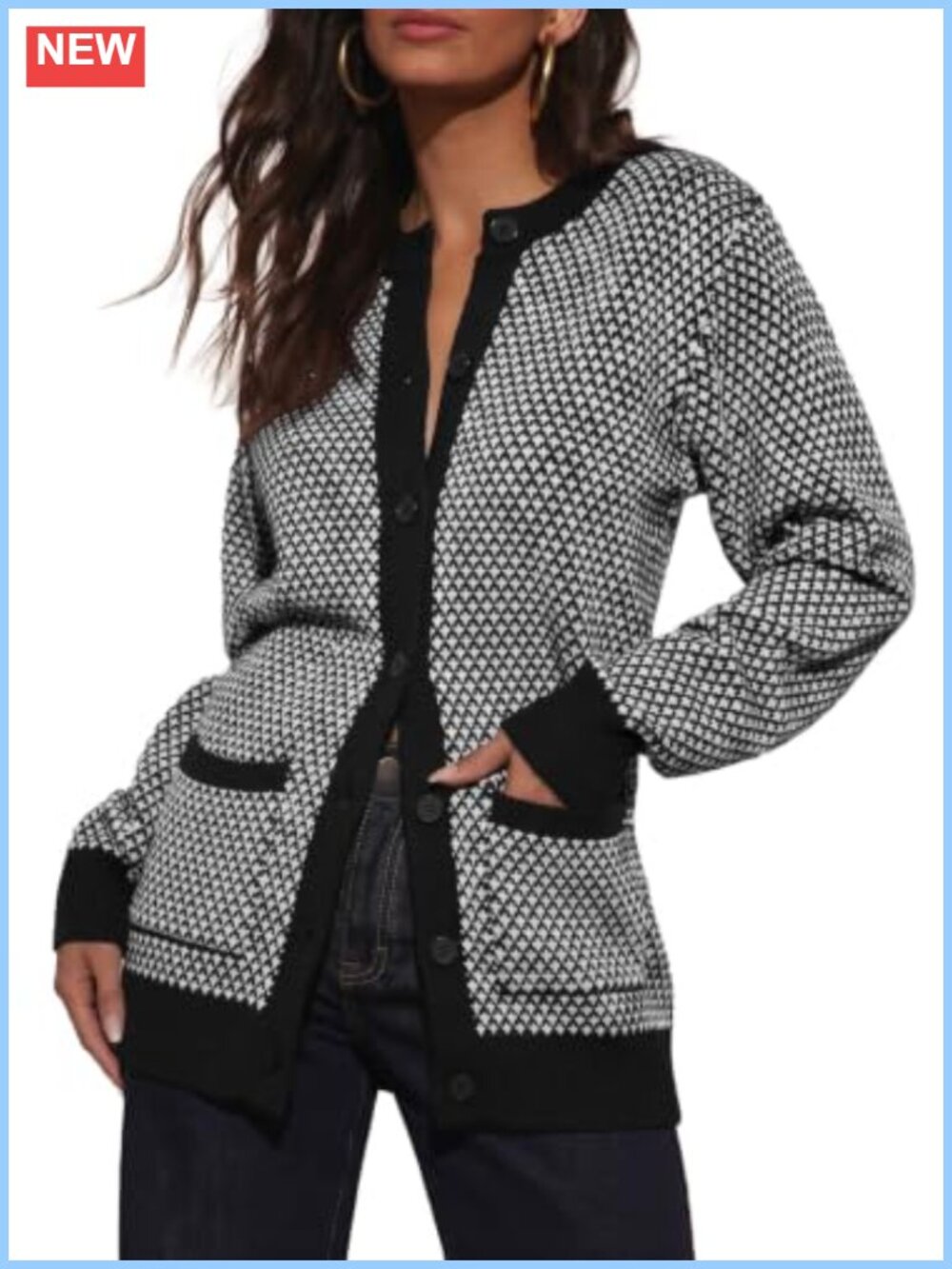 Sidefeel Women's Button Down Plaid Cardigan Sweater Crew Neck Two Pockets